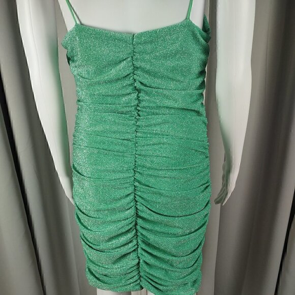 Shein Bae Ruched Green Spaghetti Strap Cami Glitter Dress Size LP - Picture 6 of 13